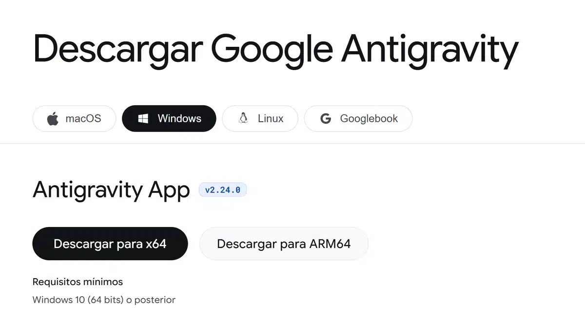 Descarga del instalador de la aplicación Antigravity para Windows (64 bits)
