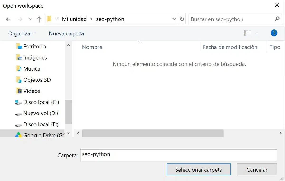 Selección de la carpeta seo-python en la aplicación Antigravity