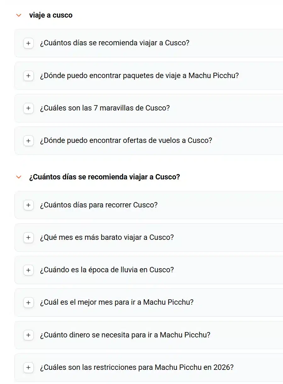 Sección Más preguntas en Google de AnswerThePublic con preguntas sobre cuántos días viajar a Cusco y qué mes es más barato