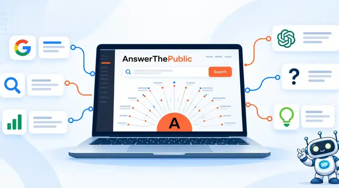 AnswerThePublic en una laptop con búsquedas de Google, ChatGPT y preguntas conectadas, con la mascota Moodsy