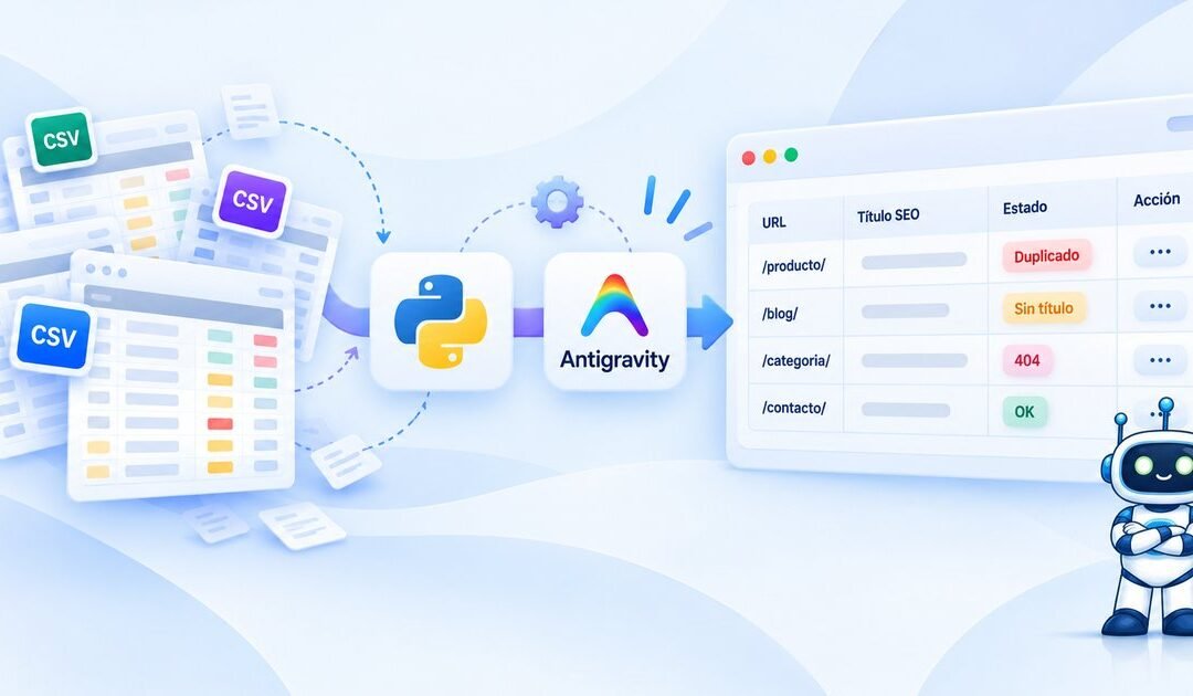 Archivos CSV procesados con Python y Antigravity que dan una tabla de resultados SEO, con Moodsy como guía