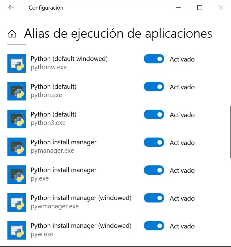 Configuración de alias de ejecución de aplicaciones para Python en Windows