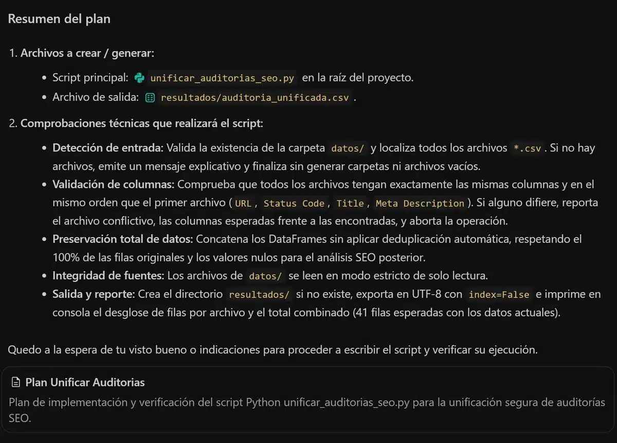 Plan de Antigravity para unificar tres CSV: archivos a crear y comprobaciones de columnas, filas y solo lectura