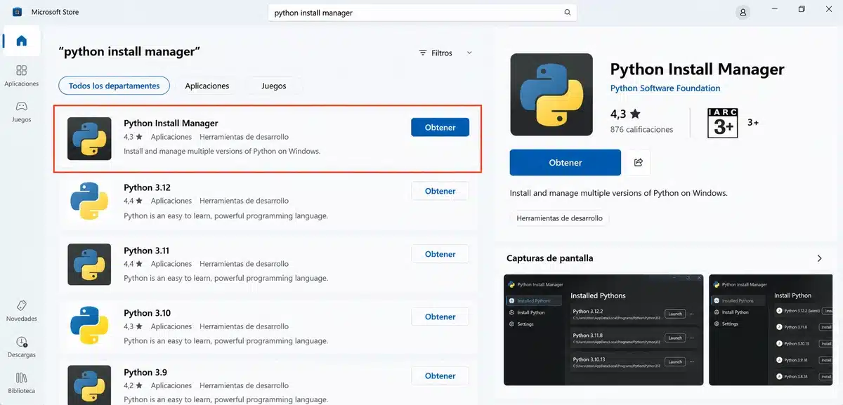 Búsqueda e instalación de Python Install Manager en Microsoft Store para Windows